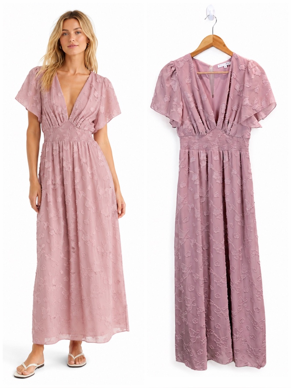Baltic Born Evelyn Maxi Dress Pink Floral Smock Empire Waist Romantic Cottage M